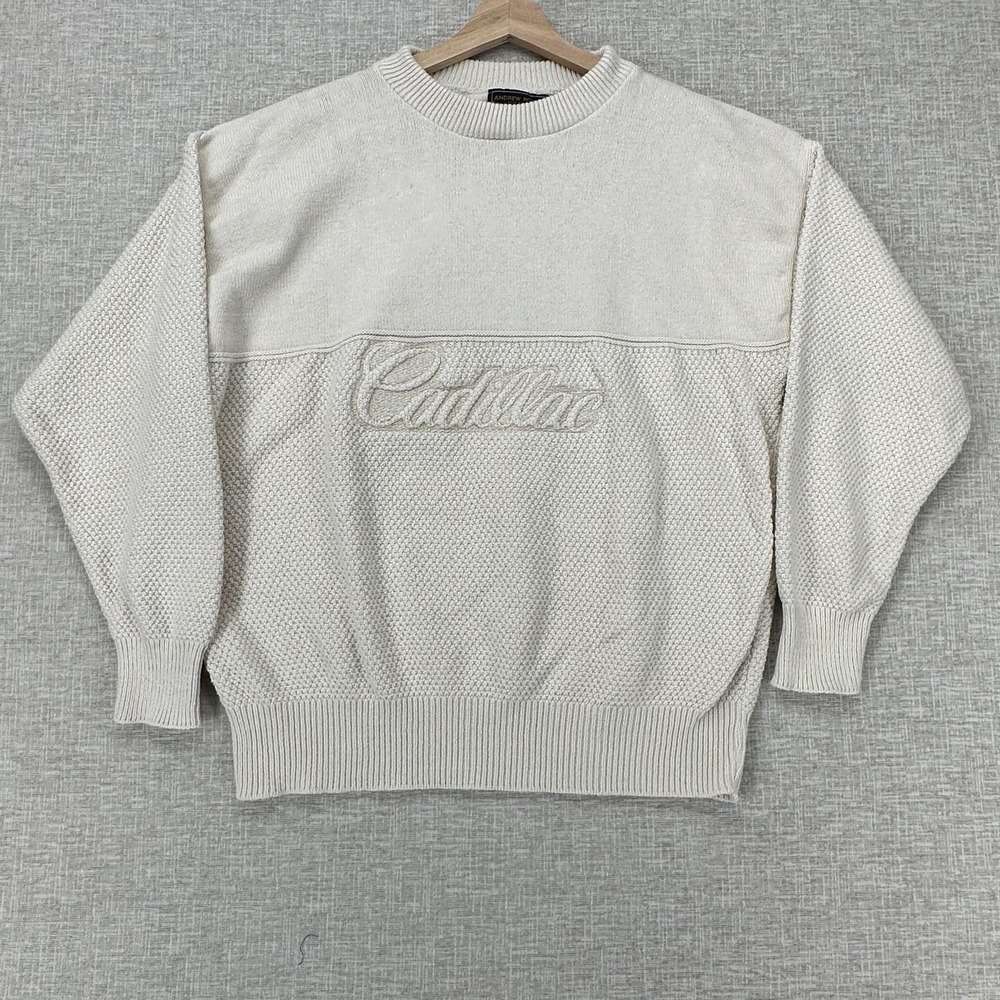Andrew Rohan‎ Cadillac Sweater Mens Large Cream Crewneck Knit Embroidered 90s